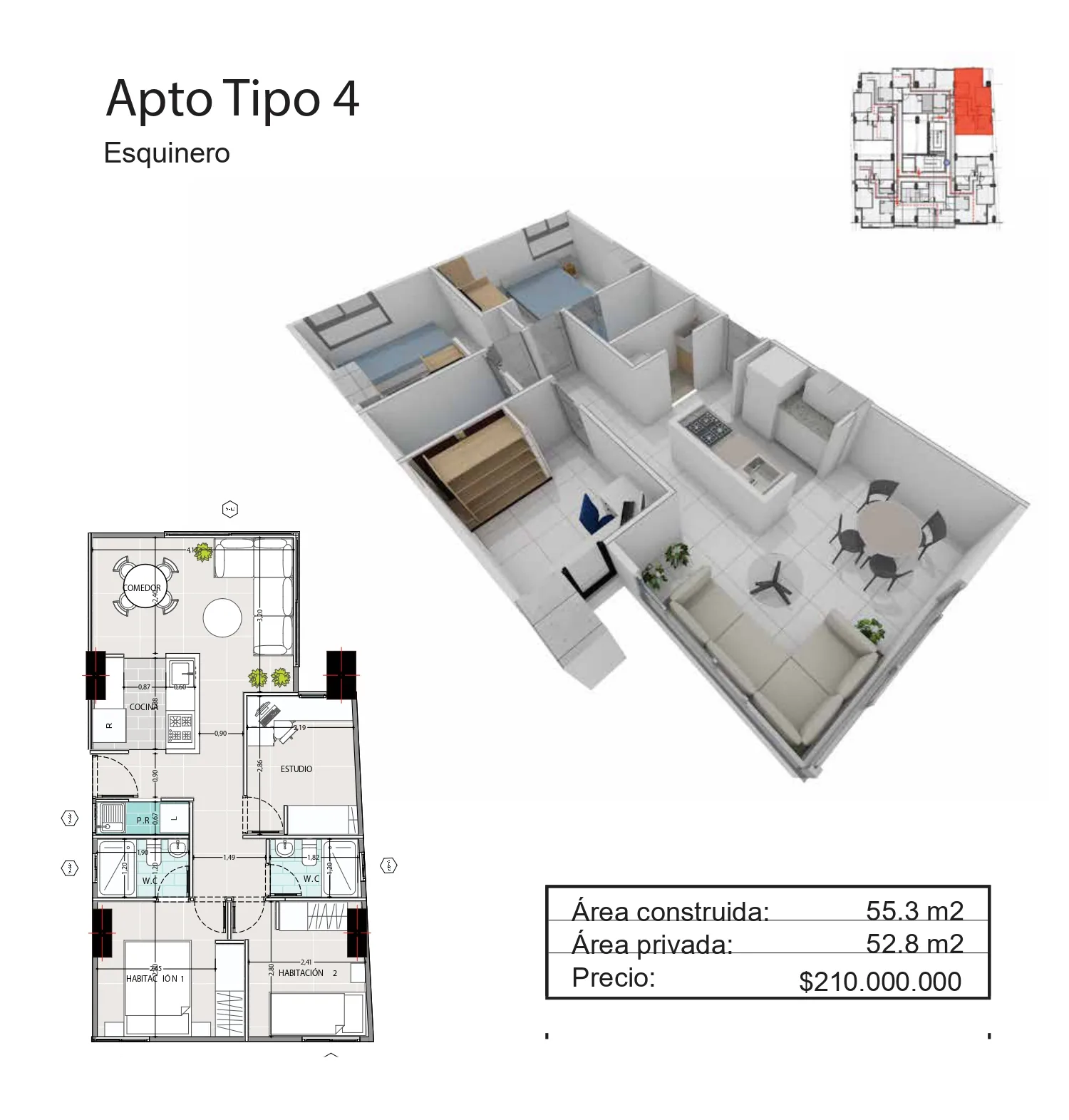 Principal — Tipo 4 — 3 hab, 2 baños, 55.3 m²